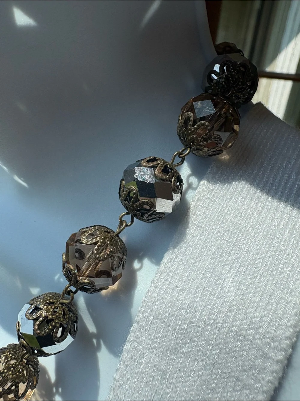 Vintage Vendome Large Filigree Faceted Mirror Crystal Bead Necklace - Brown/Gold